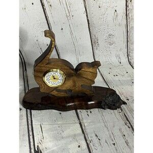 Vintage Desk Clock Cat Figurine Wood Carved